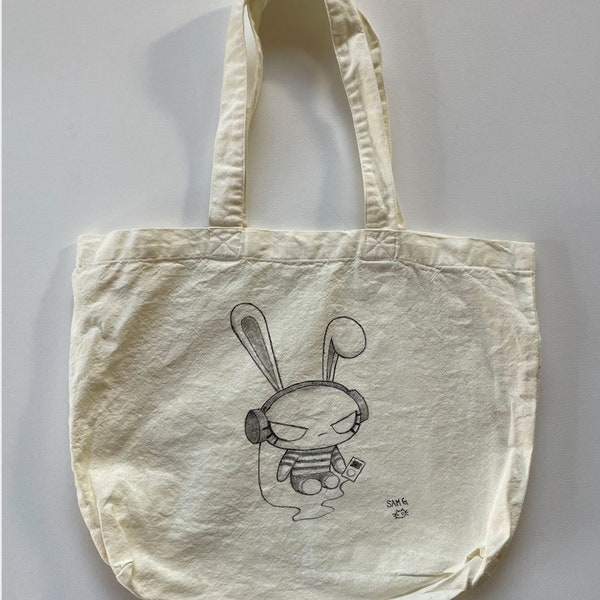 Hand-painted Emo Bunny Cotton Tote Bags (Original Art)