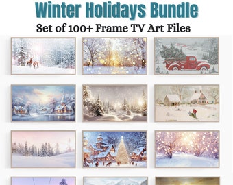 May include: A collection of framed winter holiday art prints. The images depict snowy landscapes, including forests, villages, and a red truck carrying a Christmas tree. The text at the top reads "Winter Holidays Bundle" and "Set of 100+ Frame TV Art Files."