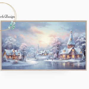 Samsung Frame TV Art, Christmas Painting, Winter Wonderland, Dreamy Christmas Village in Snowy Landscape, Frame TV Art, Holiday Decor