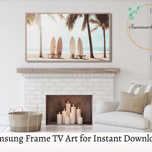 May include: A digital art print of surfboards on a beach with palm trees. The print is framed and displayed above a fireplace in a living room.