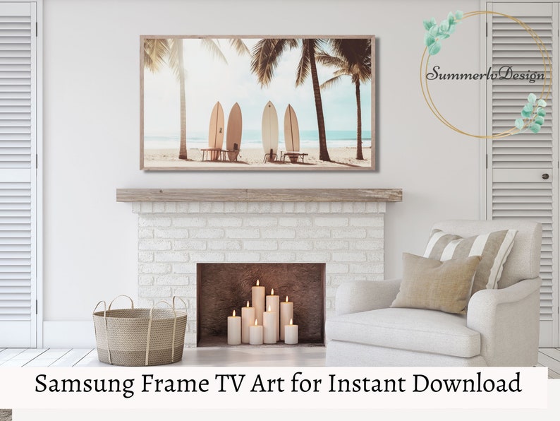 May include: A digital art print of surfboards on a beach with palm trees. The print is framed and displayed above a fireplace in a living room.
