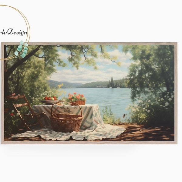 Samsung Frame TV Art, Picnic by the Lake, Spring, Summer, Lakeside Landscape Painting, Vintage Style, Frame TV Art, Digital Download