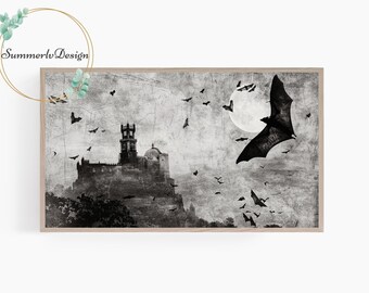 Samsung Frame TV Art, Halloween Decor, Vintage Castle, Moon and Bats, Frame TV Art Halloween, Spooky Halloween Digital Art for Frame TV