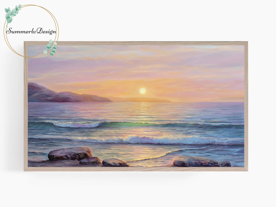 Samsung Frame TV Art Ocean, Frame TV Art Beach Sunset/sunrise, Oil