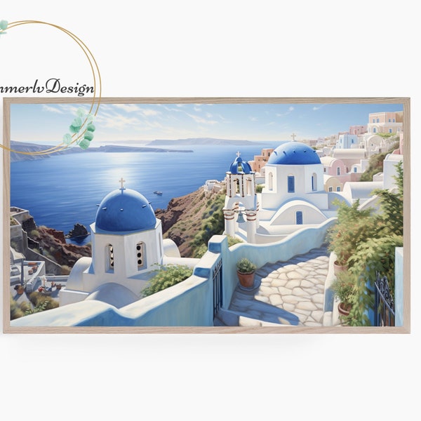 Samsung Frame TV Art, Santorini Greece, Oil Painting, Coastal Landscape, Ocean View, Summer Travel, Frame TV Art, Digital Download