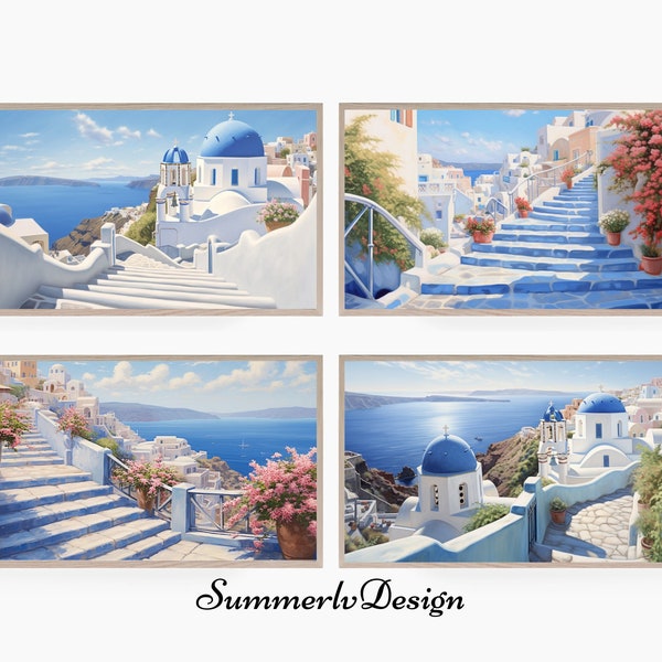 Frame TV Art Set, Santorini Greece, Oil Painting, Coastal Landscape, Summer Travel, Samsung Frame TV Art Bundle