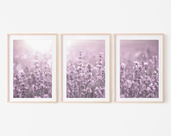 Lavender wall art set of 3 prints, purple wildflower print set of 3, printable botanical floral 3 piece wall art | DIGITAL DOWNLOAD