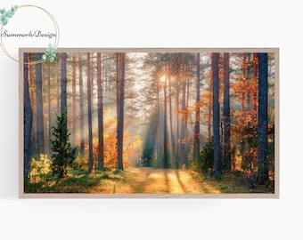 Può includere: Stampa incorniciata di una scena di foresta illuminata dal sole. Alti e snelli alberi con fogliame marrone-rossastro e verde costeggiano un sentiero. Il sole splende attraverso gli alberi, creando un bagliore caldo e dorato. Il testo "SummerlyDesign" è visibile.