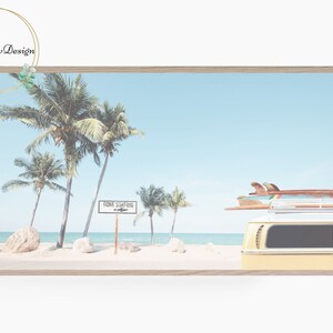 Samsung Frame TV Art, Beach, Coastal Landscape, Palm Trees, Vintage Car with Surfboard, Gone Surfing, Summer, Tropical Frame TV Art