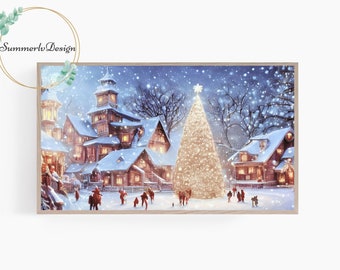 Samsung Frame TV Art, Christmas Painting, Dreamy Christmas Tree in Snowy Village, Frame TV Art, Winter Holiday, Digital Art for Frame TV