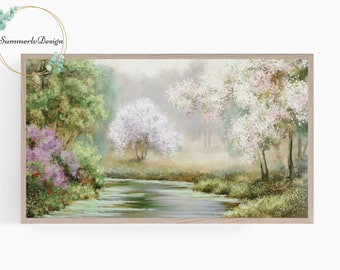 Samsung Frame TV-konst, vårlandskap, akvarellmålning, blommande träd och flod, Frame TV-konst, digital nedladdning