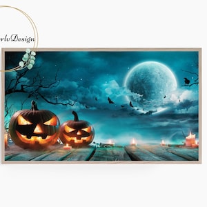 Samsung Frame TV Art, Halloween Decor, Jack O&#39;Lantern and Full Moon, Frame TV Art, Fall Decor