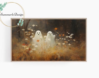 Halloween Frame TV Art, Cute Halloween Ghost TV Art, Samsung Frame TV Art, Neutral, Vintage Ghosts, Fall Decor, Vintage Landscape Painting