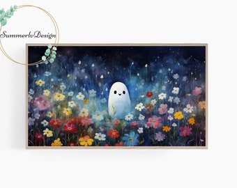 Halloween Frame TV Art, Floral Ghost Painting, Cute Halloween Ghost, Samsung Frame TV Art, Cottagecore Digital Art voor Frame TV