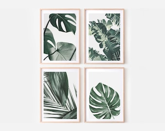 Tropical Leaf Wall Art Set of 4 Prints, Botanical Wall Art, Tropical Wall Art Gallery Print Set of 4, Monstera Leaf, Banana Leaf prints