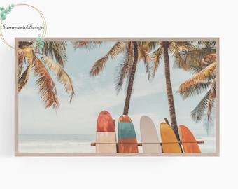 Samsung Frame TV Art, Coastal Landscape, Frame TV Art Summer, Palm Trees and Surfboards on Beach, Tropical TV Art, Digital Download