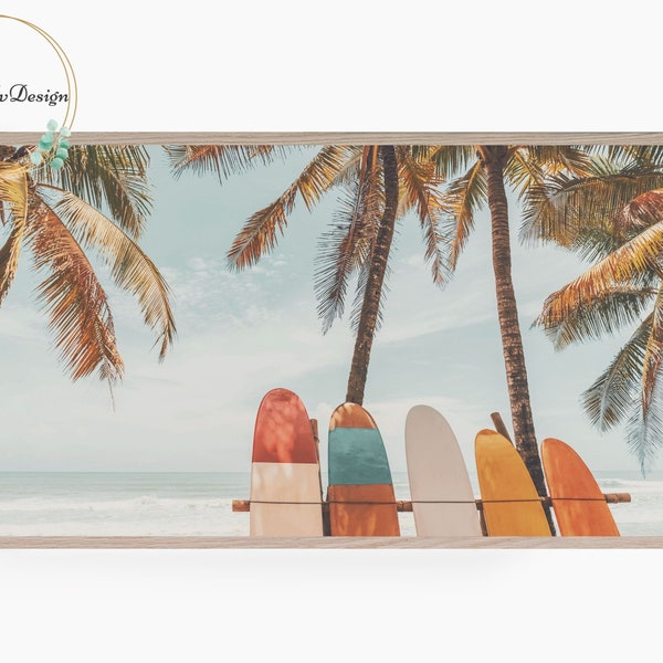 Samsung Frame TV Art, Coastal Landscape, Frame TV Art Summer, Palm Trees and Surfboards on Beach, Tropical TV Art, Digital Download