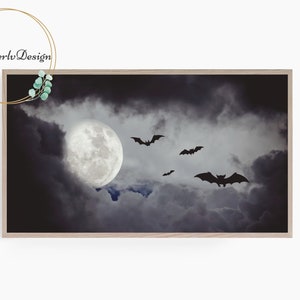 Samsung Frame TV Art, Halloween Decor, Moon and Bats, Frame TV Art Halloween, Spooky Halloween Digital Art for Frame TV