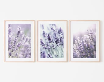 Lavender wall art set of 3 prints, purple wildflower print set of 3, printable botanical flower wall art | DIGITAL DOWNLOAD