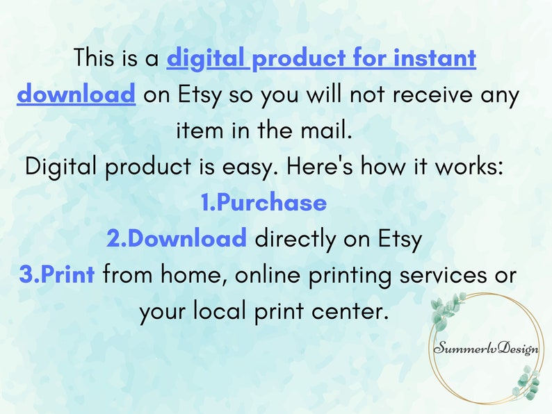 Puede incluir: Texto que explica que este es un producto digital para descargar instant&aacute;neamente en Etsy. El texto explica que el producto es f&aacute;cil de usar y proporciona una gu&iacute;a de tres pasos: 1. Comprar, 2. Descargar directamente en Etsy, 3. Imprimir desde casa, servicios de impresi&oacute;n en l&iacute;nea o su centro de impresi&oacute;n local.