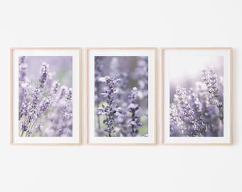 Lavender wall art set of 3 prints, purple wildflower print set of 3, printable botanical flower wall art | DIGITAL DOWNLOAD
