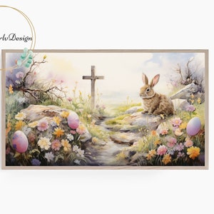Frame TV Art Easter Painting, Samsung Frame TV Art, Easter Bunny, Cross, Easter Eggs in Flower Field, Spring, Digital Art for Frame TV