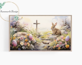 Frame TV Art Easter Painting, Samsung Frame TV Art, Easter Bunny, Cross, Easter Eggs in Flower Field, Spring, Digital Art for Frame TV