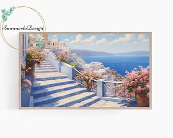 Samsung Frame TV Art, Santorini Greece, Oil Painting, Coastal Landscape, Flowers, Summer Travel, Frame TV Art, Digital Download