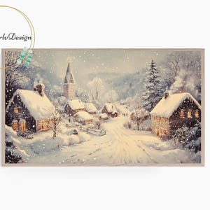 Samsung Frame TV Art, Christmas Painting, Winter Wonderland, Dreamy Christmas Village in Snowy Landscape, Frame TV Art, Holiday Decor
