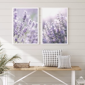 Puede incluir: Dos impresiones enmarcadas de flores de lavanda en un tono morado suave. Las impresiones est&aacute;n colgadas en una pared blanca de tablones de madera sobre un banco de madera con dos almohadas a cuadros.