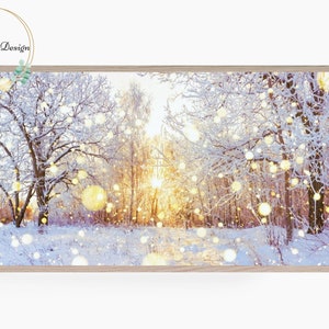 Samsung Frame TV Art, Winter Sunset in Forest, Snowy Landscape, Frame TV Art, Christmas Lights, Holiday Decor, Digital Art for Frame TV