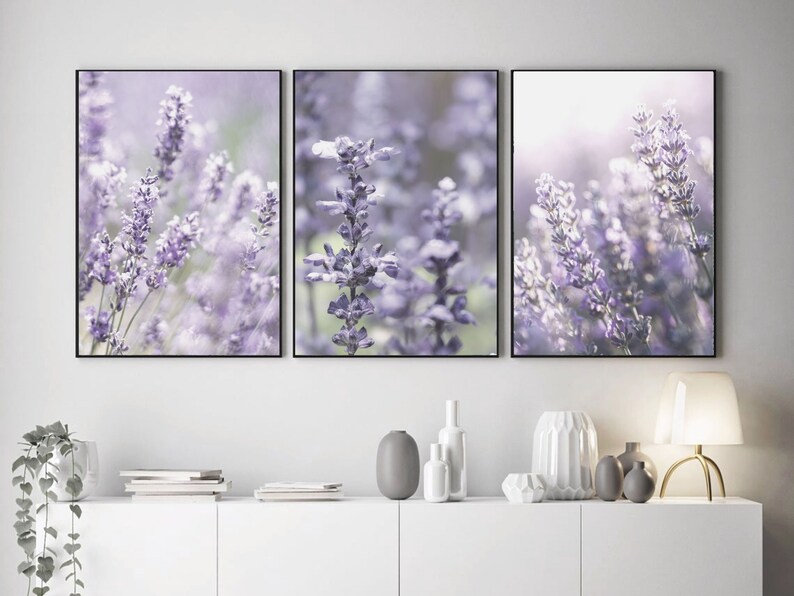 Puede incluir: Un conjunto de tres impresiones enmarcadas con fotograf&iacute;as de primer plano de flores de lavanda p&uacute;rpura en un campo.