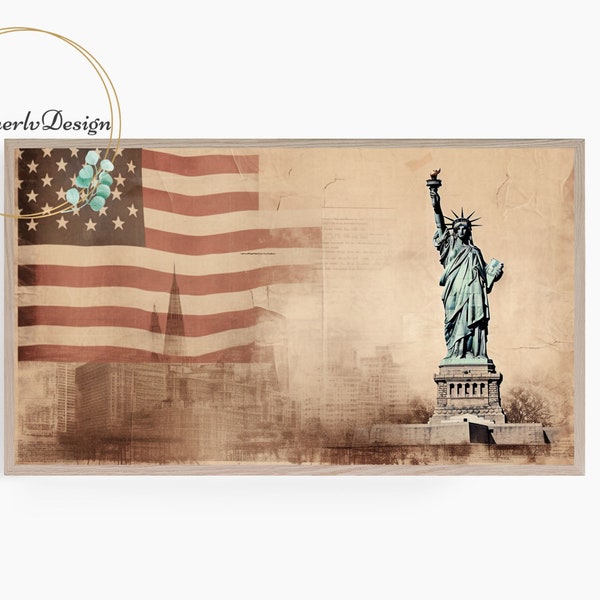 Samsung Frame TV Art, Vintage American Flag & Statue of Liberty, Memorial Day, 4th of July, Independence Day, Frame TV Art, Digital Download