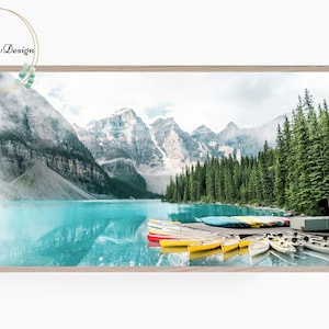 Samsung Frame TV Art, Mountain Lake Landscape, Summer, Frame TV Art Nature, Boats, Moraine Lake, Banff National Park, Digital Download