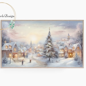 Samsung Frame TV Art, Christmas Painting, Winter Wonderland, Dreamy Christmas Village in Snowy Landscape, Frame TV Art, Holiday Decor