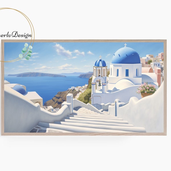 Samsung Frame TV Art, Santorini Greece, Oil Painting, Coastal Landscape, Summer Travel, Frame TV Art, Digital Download