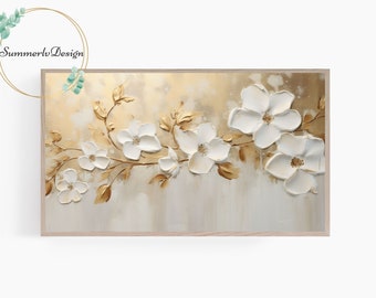 Samsung Frame TV Art 3D Textured Flowers, Golden Floral Textured Oil Painting, Spring Frame TV Art, Digital Download