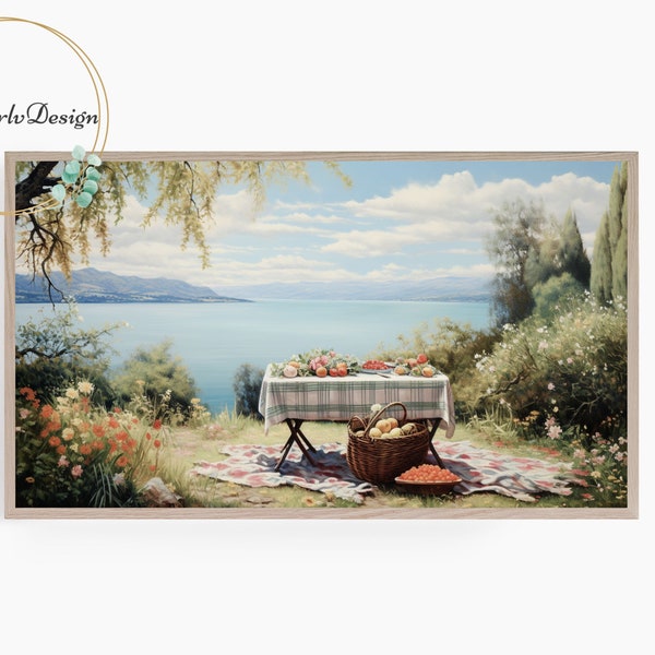 Samsung Frame TV Art, Picnic by the Lake, Spring, Summer, Lakeside Landscape Painting, Vintage Style, Frame TV Art, Digital Download