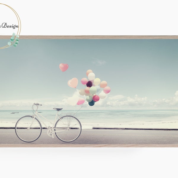 Samsung Frame TV Art, Valentines Day, Vintage, Bicycle with Heart Balloons, Ocean Beach Landscape, Frame TV Art, Love, Anniversary