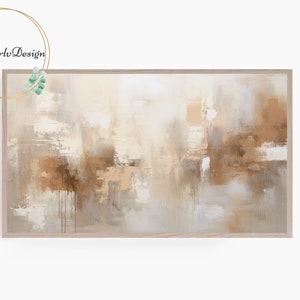 Op de afbeelding: Abstract schilderij in tinten van bruin, beige en wit. Het schilderij is ingelijst in een licht houten lijst.