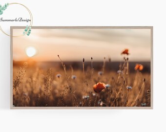 Samsung Frame TV Art, Wildflower Field, Sunset, Poppy Flowers, Spring, Summer Frame TV Art, Floral Digital Art for Frame TV