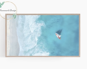 Samsung Frame TV Art, Ocean, Sailboat at Sea, Frame TV Art, Aerial Beach View, Coastal TV Art, Digital Download