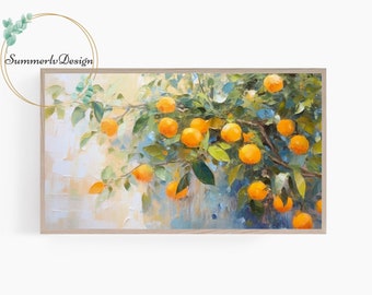 Könnte beinhalten: Ölgemälde eines Orangenbaumzweigs mit reifen Orangen. Das Kunstwerk zeigt einen hellen Hintergrund mit grünen Blättern und leuchtend orangefarbenen Früchten. Das Gemälde ist in einem hellen Holzrahmen gerahmt.