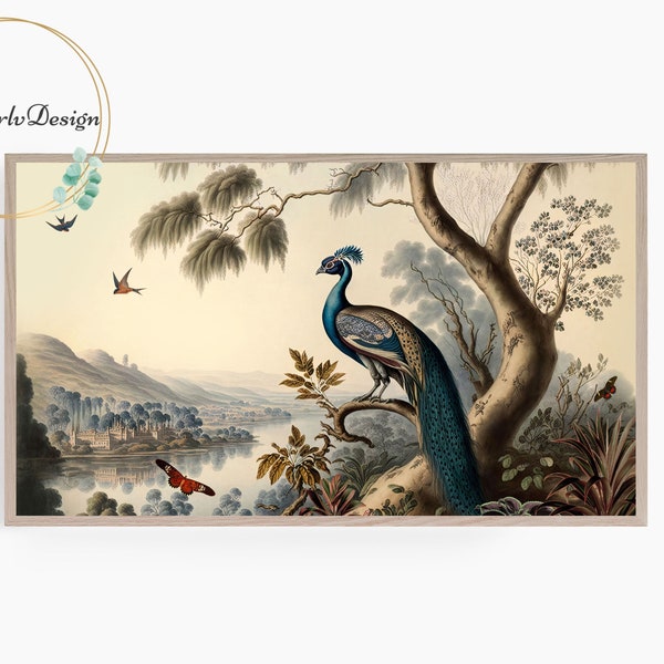 Samsung Frame TV Art, Vintage Landscape Painting, Beautiful Peacock on a Tree, Spring/Summer, Frame TV Art, Digital Download