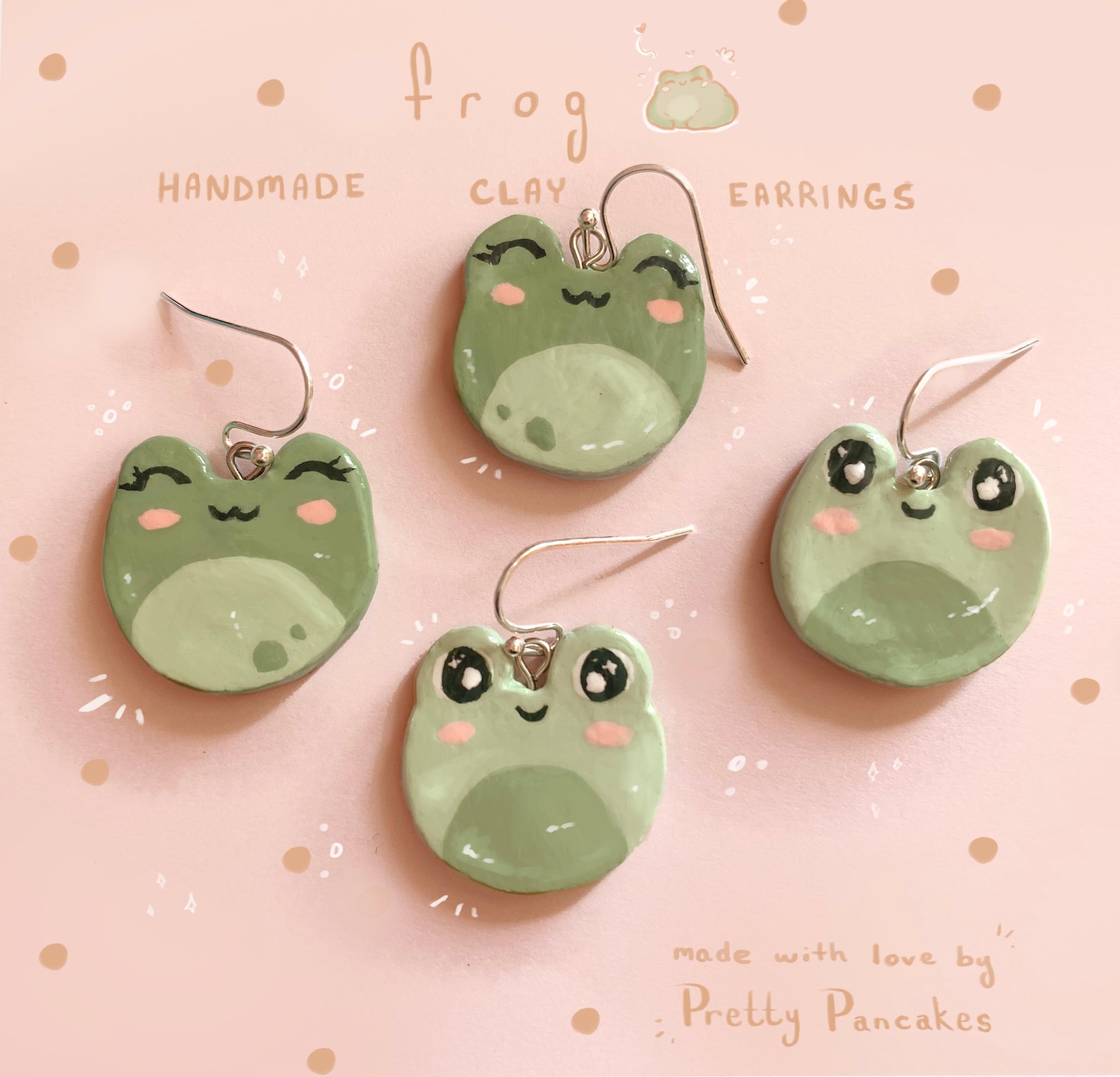 Cute frog clay earrings light green design Etsy