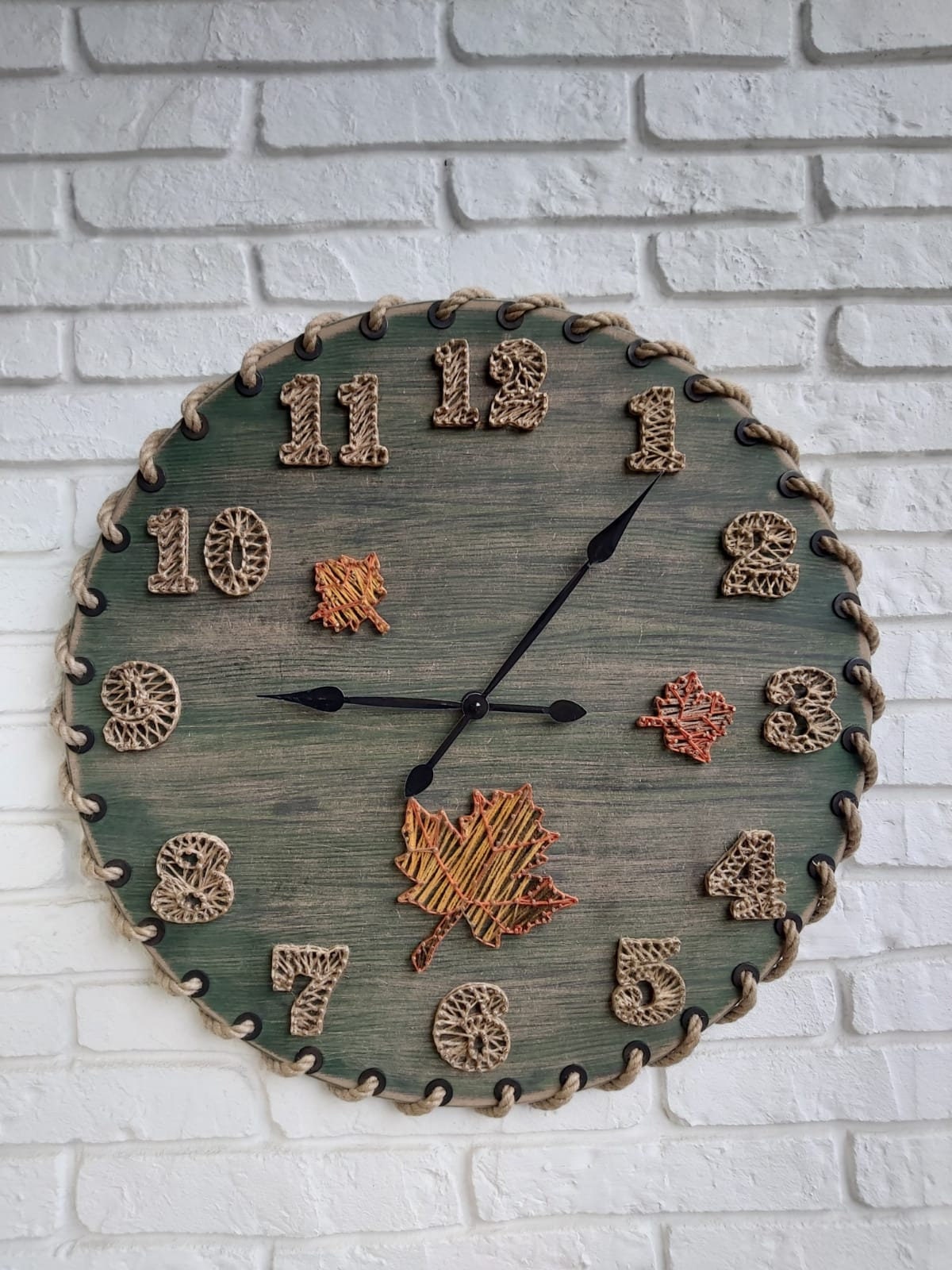 Wooden Wall Clock String Art With Leaf Pattern Fully Etsy