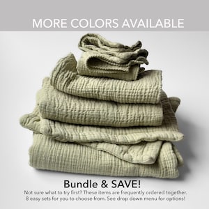 May include: A stack of sage green muslin blankets with a crinkled, multi-layered texture. The image includes the text MORE COLORS AVAILABLE at the top and Bundle & SAVE! Not sure what to try first? These items are frequently ordered together.