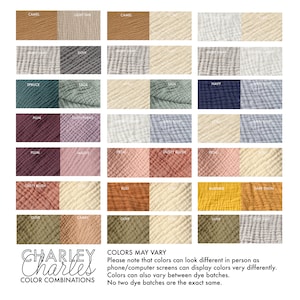 These Charley Charles brand cotton towels are reversible with a different color of muslin gauze on each side. Many color combinations available. Made of soft absorbent natural double gauze fabric, also called bubble gauze. 3 sizes available any use