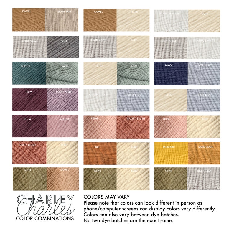 These Charley Charles brand cotton towels are reversible with a different color of muslin gauze on each side. Many color combinations available. Made of soft absorbent natural double gauze fabric, also called bubble gauze. 3 sizes available any use