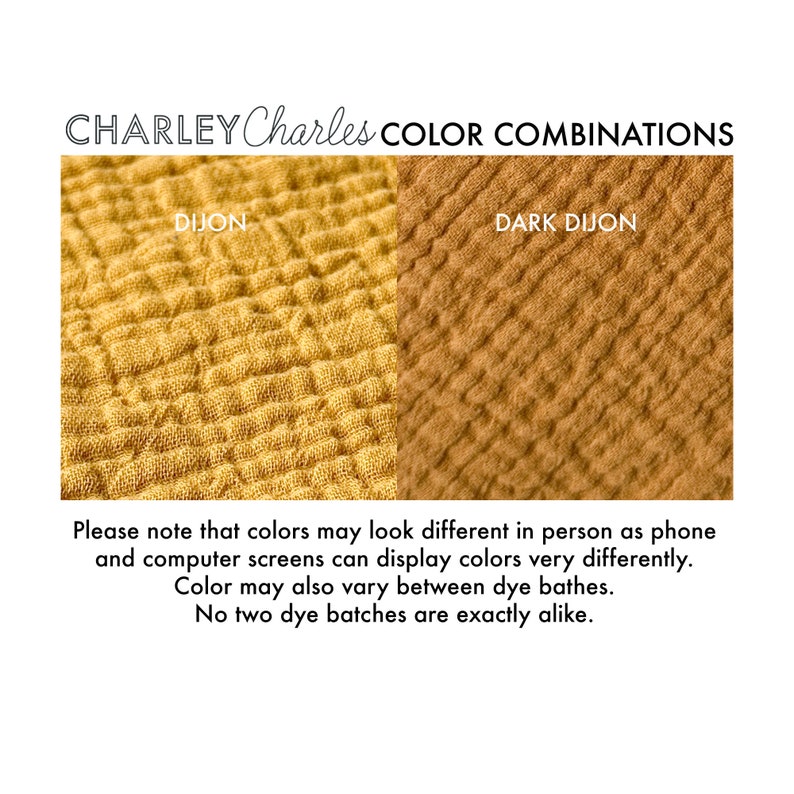 These Charley Charles brand cotton towels are reversible with a different color of muslin gauze on each side. Many color combinations available. Made of soft absorbent natural double gauze fabric, also called bubble gauze. 3 sizes available any use